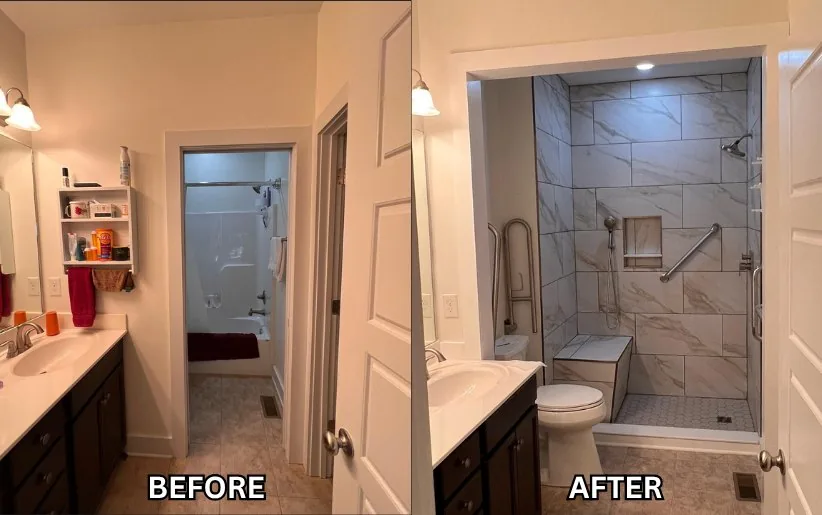 The Accessible Haven in Fisherville, shown before the remodel and after, with a walk-in shower, bench and grab bars.
