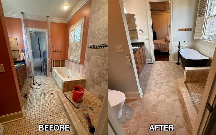 The Dayflower Oasis in Prospect, shown before the remodel and after, with hexagon floor tile and a soaking tub.