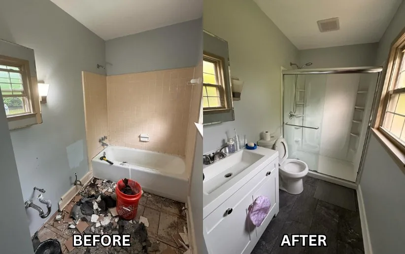 The Fresh Canvas, a Louisville bathroom shown mid demolition and after, with a new shower and vanity.