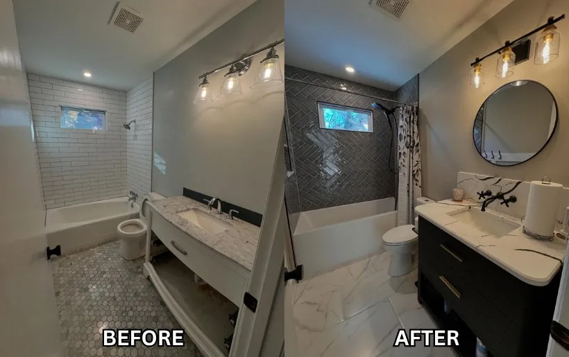 The Herringbone Heritage, a Louisville bathroom shown before the remodel and after, with herringbone shower tile.