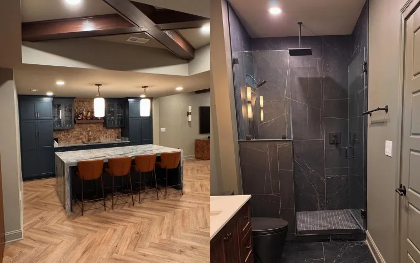 The Marble Dream Basement in Prospect, a finished basement with a bar, herringbone floor and a tiled bathroom.