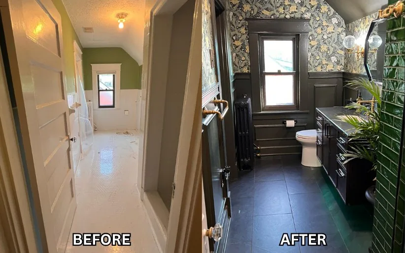 The Moody Slate, a Louisville bathroom shown before the remodel and after, with dark tile and green wall tile.