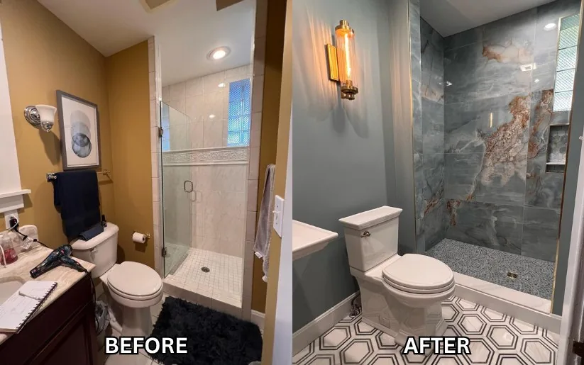 The Porcelain Retreat, a Louisville bathroom shown before the remodel and after, with a stone slab shower wall.