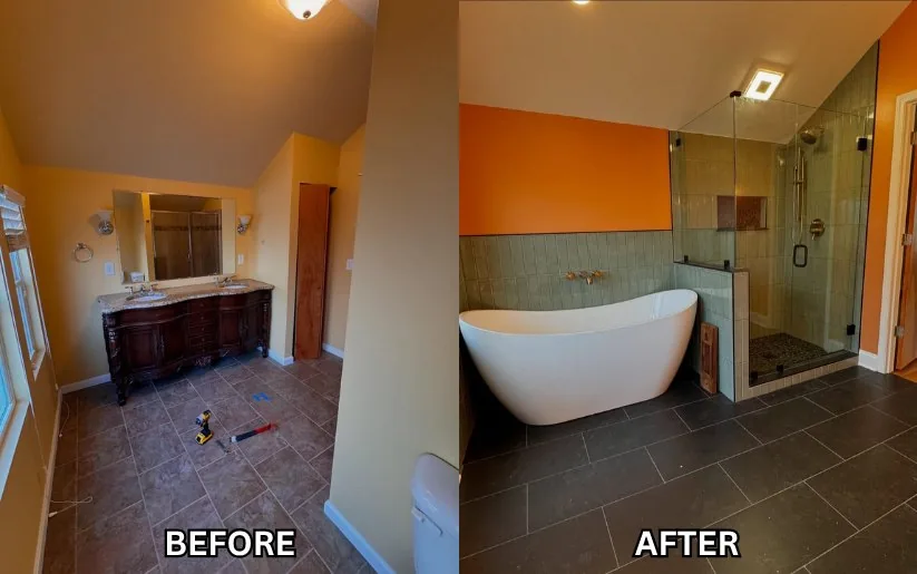 The Sage Reimagined, a Louisville bathroom shown before the remodel and after, with a freestanding tub and glass shower.