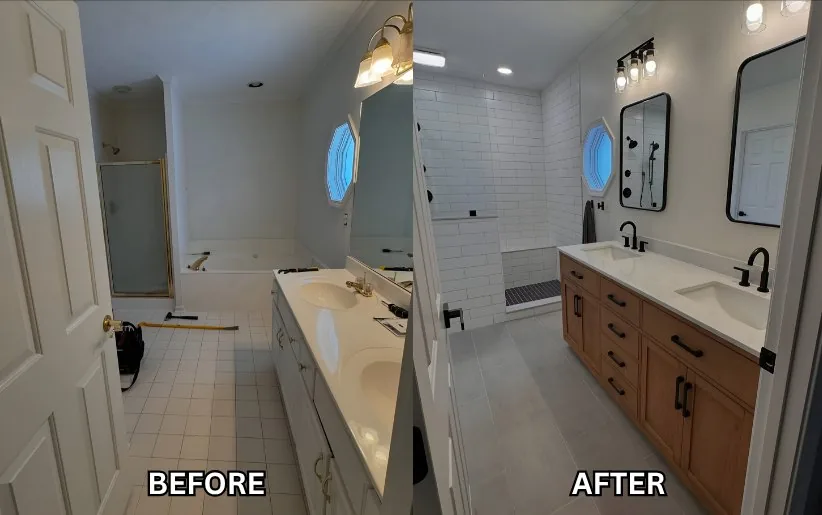 The Warm Retreat, a Louisville primary bathroom shown before the remodel and after, with a double vanity.